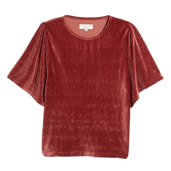 Madewell Crinkle Velvet Flutter Sleeve Icon Top in Burgundy Red  NEW - Picture 3 of 5